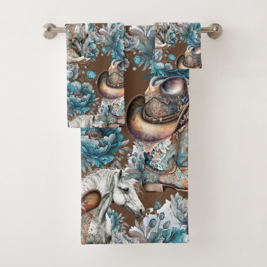 Cheval fille cowgirl motif floral turquoise (En situation)