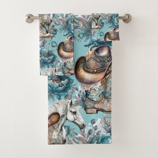 Cheval fille cowgirl motif floral turquoise (En situation)