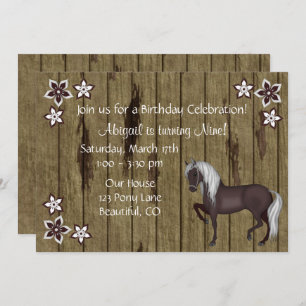 Cheval, Fleurs, Bois Bkg Invitation Occidental