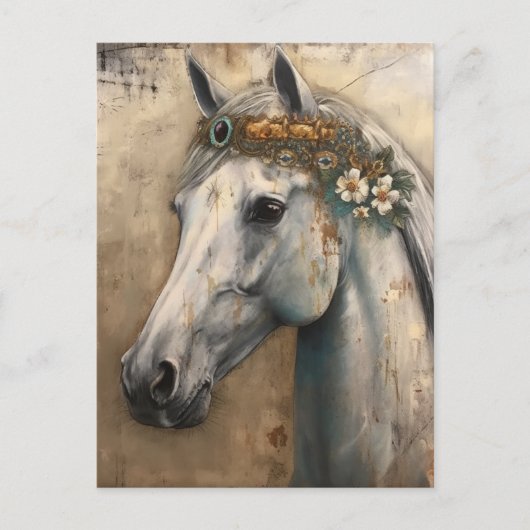 Cheval Gris Avec Carte Postale Florale Couronne (Devant)