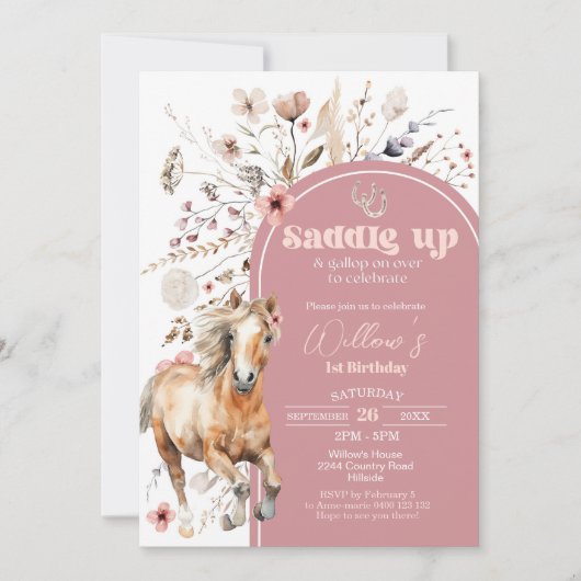 Cheval Invitation Anniversaire Boho Horse Fleur sa (Devant)
