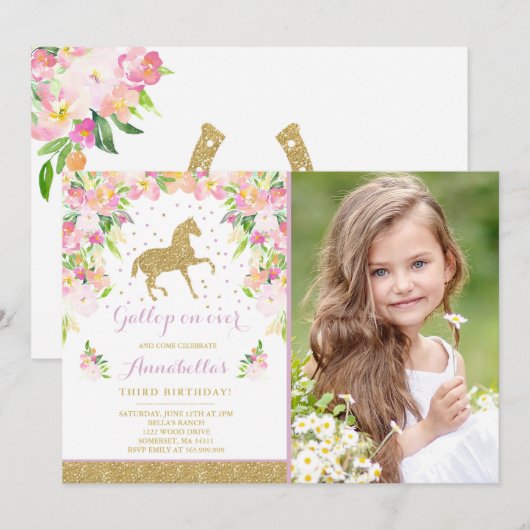 Cheval Invitation Anniversaire Floral Pink Gold Ho (Devant / Derrière)