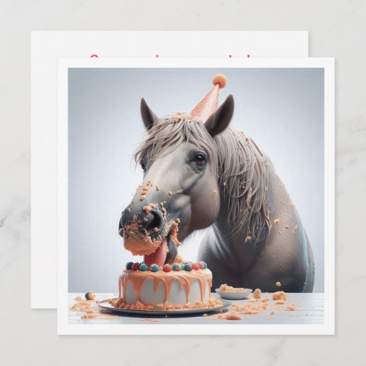 Cheval manger gâteau invitation anniversaire, Amat (Devant / Derrière)