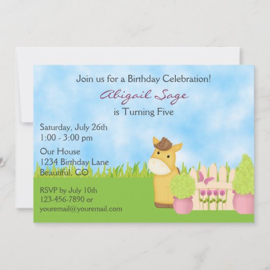 Cheval mignon, grange et jardin Invitation d'anniv (Dos)