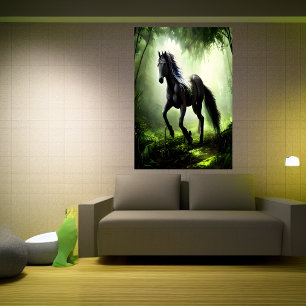 Cheval noir dans la forêt   AI Art Poster