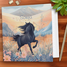 Cheval Noir Filles Fleur sauvage Rose Bleu Violet