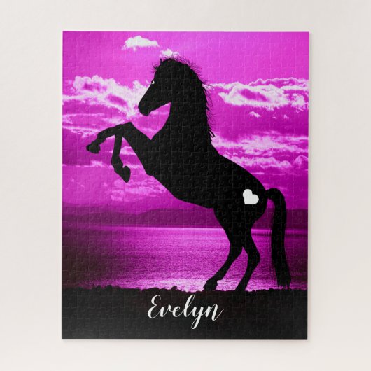 Cheval noir se cabrant Puzzle ciel violet (Vertical)