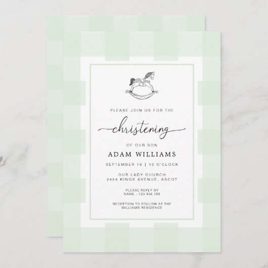 Cheval Rocher Vert En vichy Christening Invitation (Devant / Derrière)