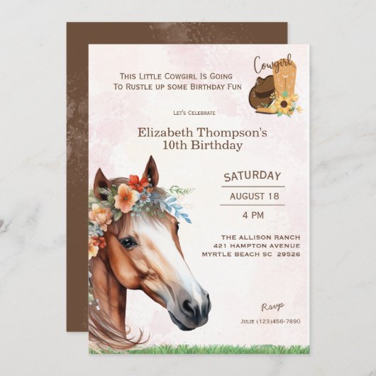 Cheval rose Floral Invitation Anniversaire (Devant / Derrière)