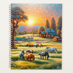 Cheval sur prairie fleurie de ferme sauvage