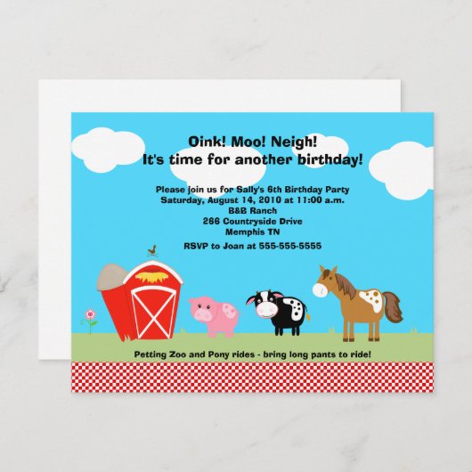 Cheval, Vache et Cochon Barnyard Invitations d'ann (Devant / Derrière)