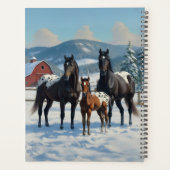 Chevaux Appaloosa noirs sur une ferme en hiver (Dos)