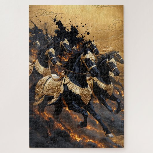 Chevaux armés d'or légendaires du puzzle de feu (Vertical)