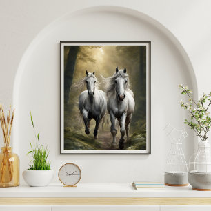 Chevaux blancs courir dans la Poster de la Forêt