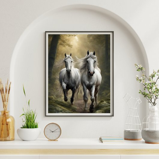 Chevaux blancs courir dans la Poster de la Forêt
