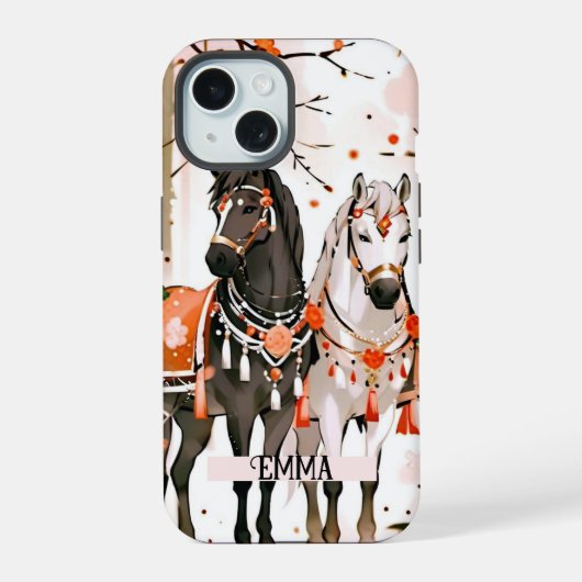 Chevaux dans une forêt rouge Nom personnalisé (Verso)