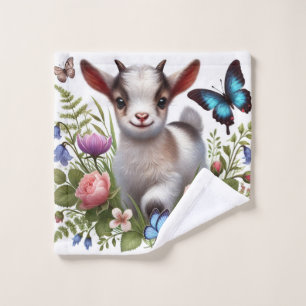 Chèvre de bébé avec papillons colorés et fleurs