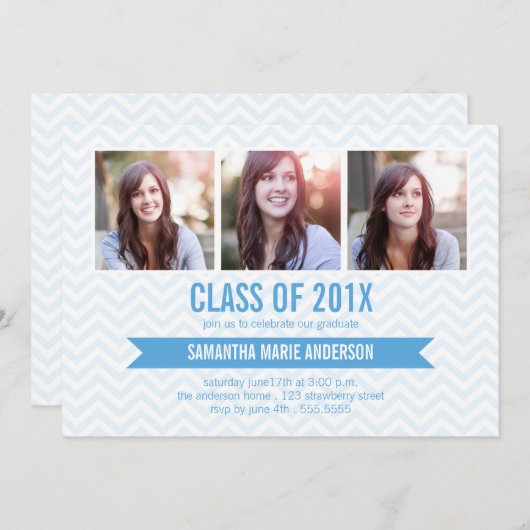 Chevron 3 Foto Afstuderen Uitnodiging - Blauw (Voorkant / Achterkant)