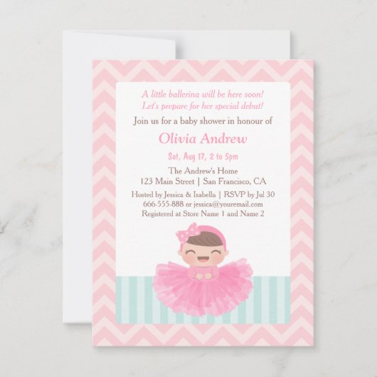 Chevron Ballerina Girl Baby Shower Invitations (Devant)