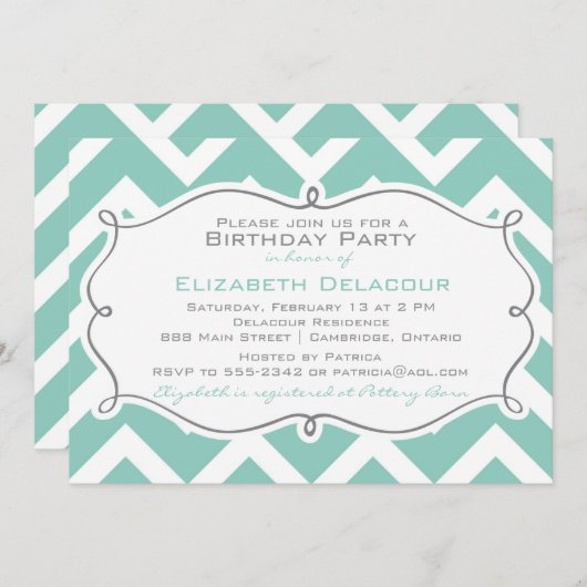 Chevron blanc et bleu moderne Invitation d'anniver (Devant / Derrière)