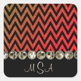 Chevron Bling Red Monogram Glam Jewels Vierkante Sticker