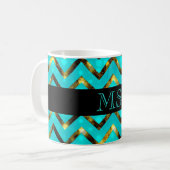Chevron blue gold monogram personaliseren koffiemok (Voorkant links)