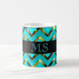 Chevron blue gold monogram personaliseren koffiemok