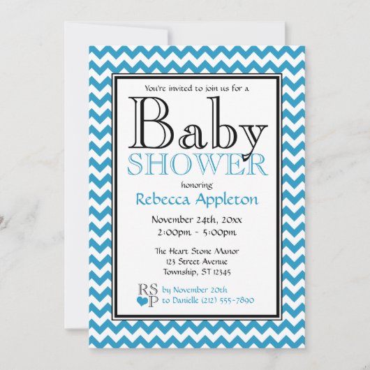 Chevron Blue & White Baby Shower Invitations (Devant)