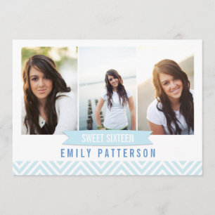 Chevron Blue   White Sweet 16 Photo Birthday Party Kaart