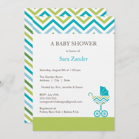 Chevron Carriage Baby shower Invitation | Jongen Kaart (Voorkant / Achterkant)