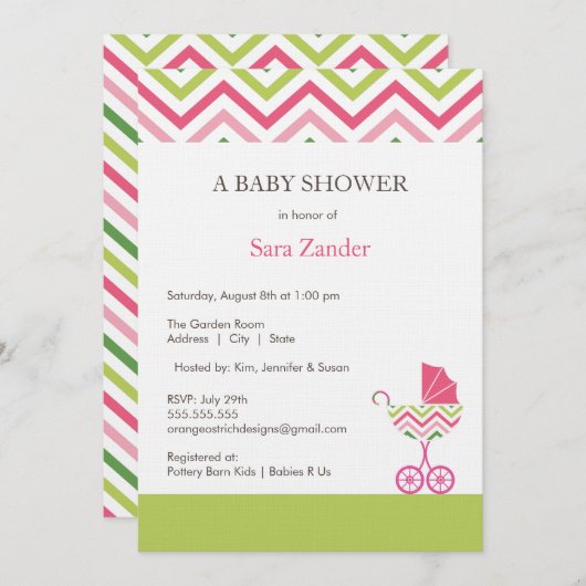Chevron Carriage Baby shower Invitation | Meisje Kaart (Voorkant / Achterkant)