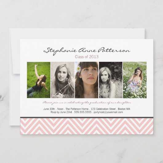 Chevron Chic 5 Foto Afstuderen Aankondiging Roze (Voorkant)