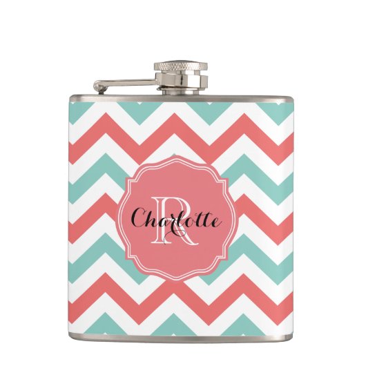 Chevron Coral en Aqua Custom Name Heupfles (Voorkant)