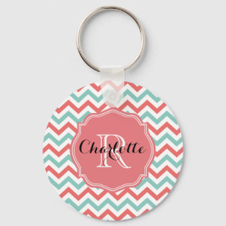 Chevron Coral en Aqua Custom Name Sleutelhanger