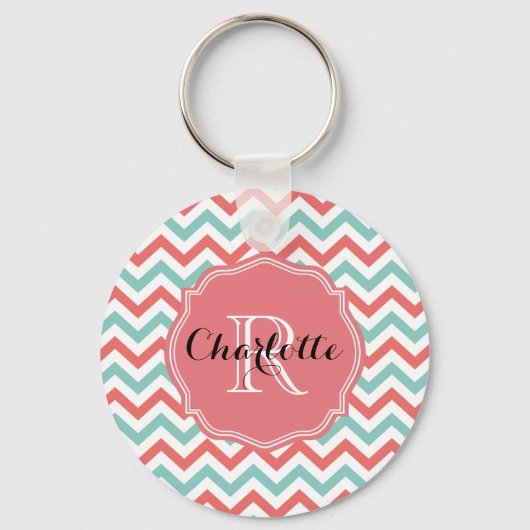 Chevron Coral en Aqua Custom Name Sleutelhanger (Voorkant)