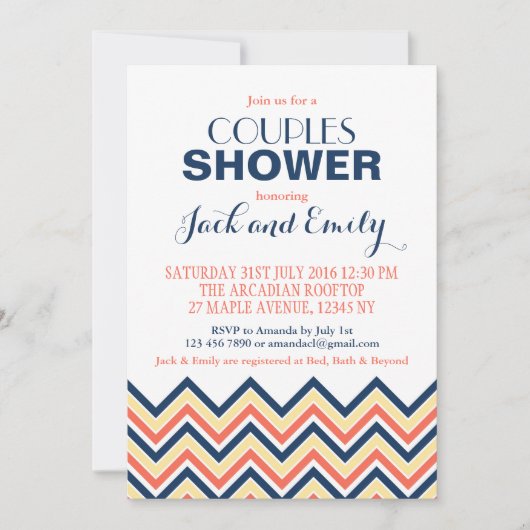 Chevron Couples Douche Invitation Corail Et Bleu (Devant)