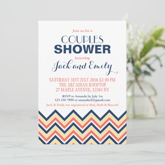 Chevron Couples Douche Invitation Corail Et Bleu (Debout devant)