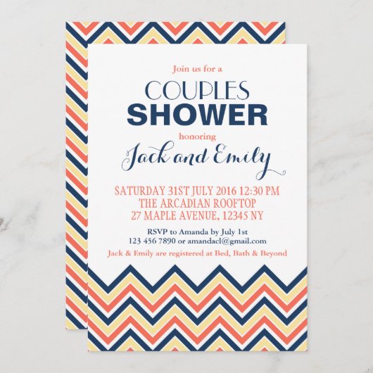 Chevron Couples Douche Invitation Corail Et Bleu (Devant / Derrière)