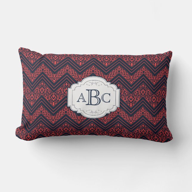 Chevron Damask (marine, rood) gepersonaliseerd mon Kussen (Voorkant)
