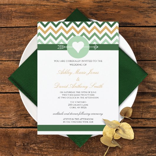 Chevron Emerald Green Gold Wedding Uitnodiging
