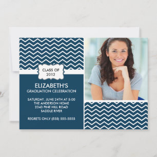 Chevron Foto Afstuderen Uitnodiging - Blauw & wit