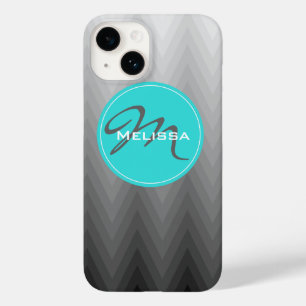 Chevron gray ombre patroon Turquoise Monogram Naam Case-Mate iPhone 14 Hoesje