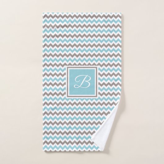 Chevron gris bleu blanc monogramme (Serviette à main)