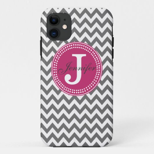 Chevron gris et coque iphone rose de monogramme (Dos)