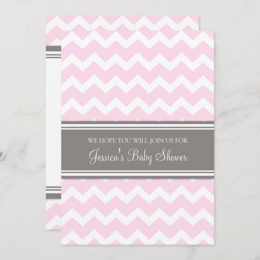 Chevron gris rose Invitations de douches pour bébé (Devant / Derrière)