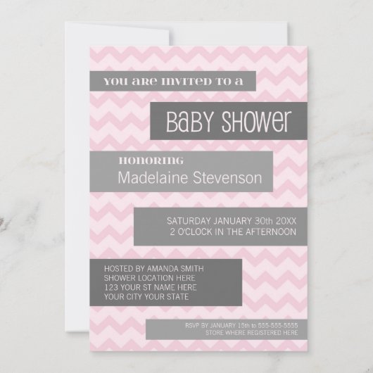 Chevron gris rose Invitations de douches pour bébé (Dos)