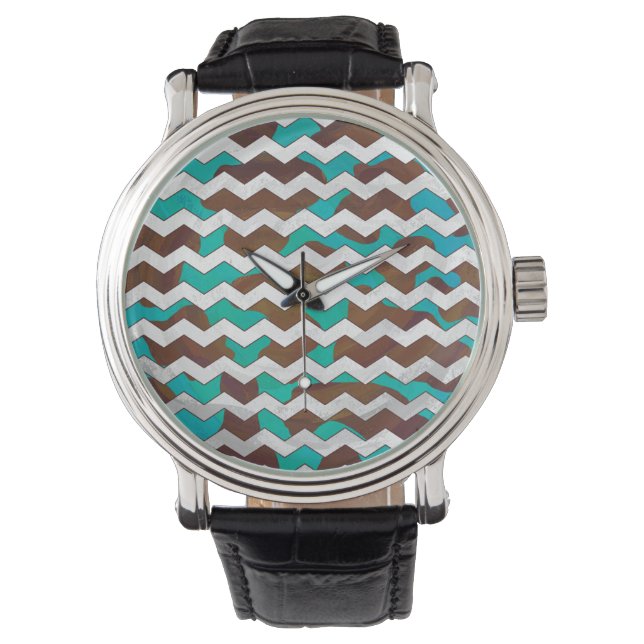 Chevron Koe Brown en Blauwgroen print Horloge (Voorkant)