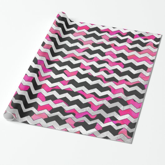 Chevron Koe Hot Pink en Black Print Cadeaupapier (Uitgerold)