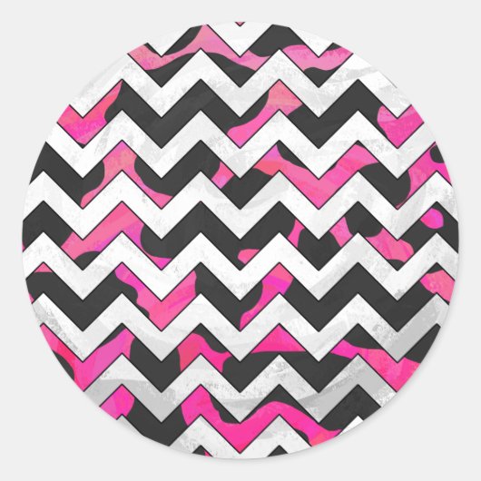 Chevron Koe Hot Pink en Black Print Ronde Sticker (Voorkant)