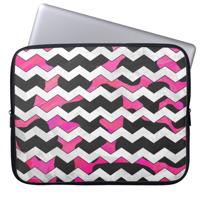 Chevron Koe Roze en Zwart Laptop Sleeve (Voorkant)